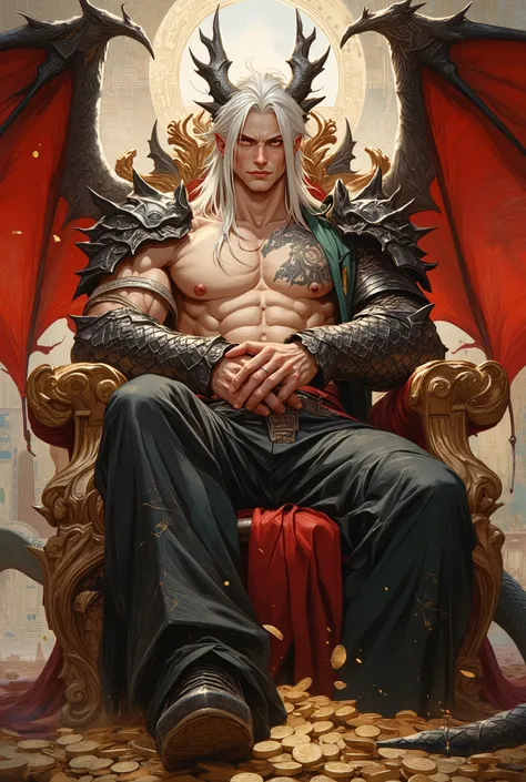 1 male with two hemipenises, Anime illustration semi-realism of Chinese human dragon hybrid male, crooked grin, smirk, semi realistic, shirtless, topless, without shirt, (((without pants, without trousers))), muscular, (((super broad shoulders, broad shoul...