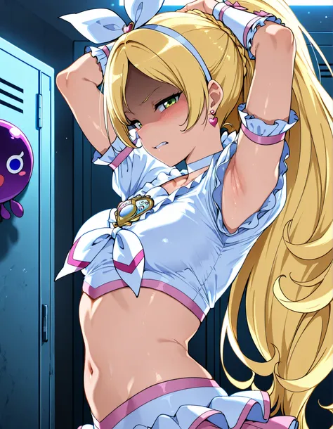 anime coloring, cure rhythm,green eyes, wide ponytail, sleevelesss, brooch, heart earrings, ribbon, arm warmers, cleavage, navel, 


,BREAK, armpit, arm over head, left arm over head. focus on armpit,
grossed out, shaded face, ,blush,  (narrowed eyes:1.2),...