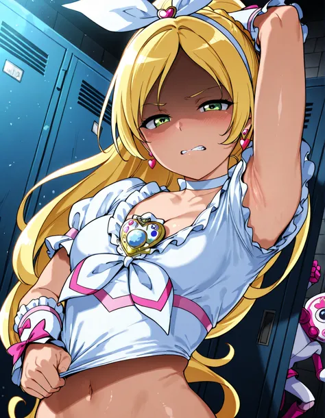 anime coloring, cure rhythm,green eyes, wide ponytail, sleevelesss, brooch, heart earrings, ribbon, arm warmers, cleavage, navel, 


,BREAK, armpit, arm over head, left arm over head. focus on armpit,
grossed out, shaded face, ,blush,  (narrowed eyes:1.2),...
