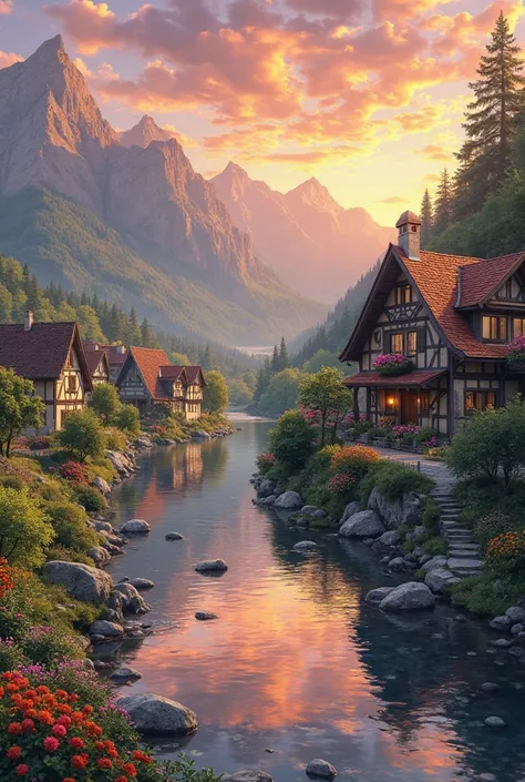 A small village by the river, mountains in the background, colorful flowers, detailed landscape, beautiful natural scenery, atmospheric lighting, scorching sunset , warm colors, practical, photographic, detailed foliage, complex buildings , cobblestone s...