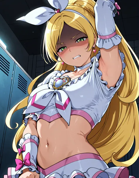 anime coloring, cure rhythm,green eyes, wide ponytail, sleevelesss, brooch, heart earrings, ribbon, arm warmers, cleavage, navel, 


,BREAK, armpit, arm over head, left arm over head. focus on armpit,
grossed out, shaded face, ,blush,  (narrowed eyes:1.2),...