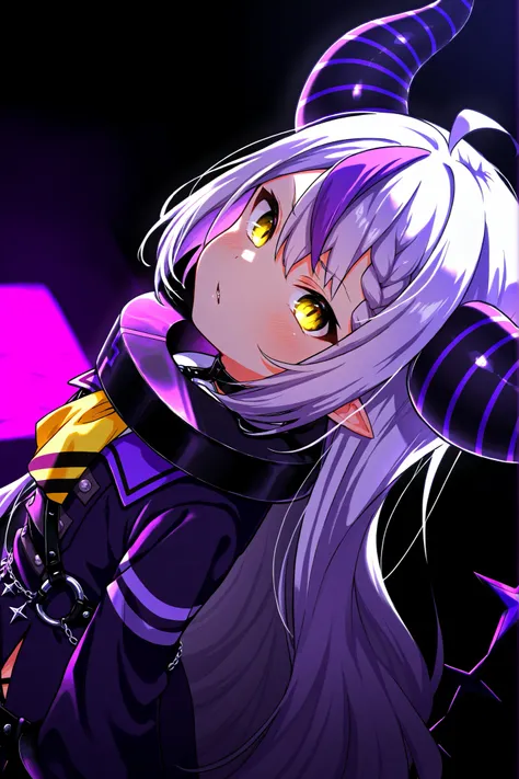 1 girl, LA+  darknesss, ren,
tooth, horn, long hair, long sleeve, multi colored hair, pointy ears, purple hair, purple jacket, 指先まinある袖, striped horn, virtual YouTuber,
upper_body, From the above, from the side, dynamic angles, face up, head_, 
Shine_eye, ...