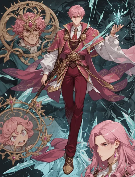 Full hd , pink curly hair , short hair , 8k , clear face , eyes are not distorted , eyes are not blurred , crystal , handsome , virile , muscle , six zones , short hair , straight hair , virile, hair layer