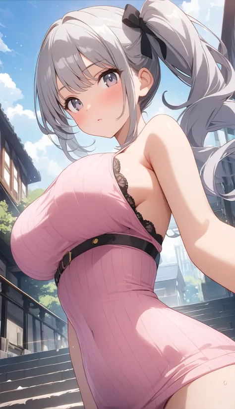 (Side Ponytail Hair:1.1) shiny skin,(masterpiece, top quality )、delicate skin texture、Slightly shiny skin、Delicate Description、high school student、Black lingerie is visible、full body 、 ((Burberry's black coat and pink tight knit dress)) Focus from below、is...