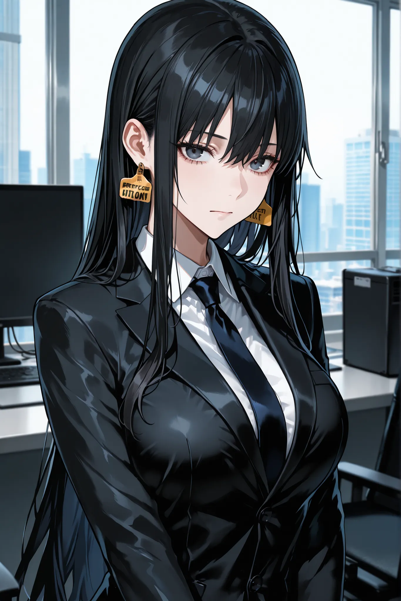 masterpiece, best quality, solo, long hair, perfect eyes, black hair, suit, medium breast, color, ((ear tag)), masterpiece, best quality, amazing quality, very aesthetic, absurdres, newest, highly detailed, high-resolution, in the office