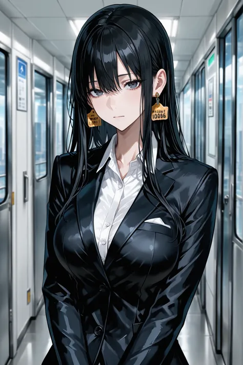 masterpiece, best quality, solo, long hair, perfect eyes, black hair, suit, medium breast, color, ((ear tag)), masterpiece, best quality, amazing quality, very aesthetic, absurdres, newest, highly detailed, high-resolution, in the airport gate