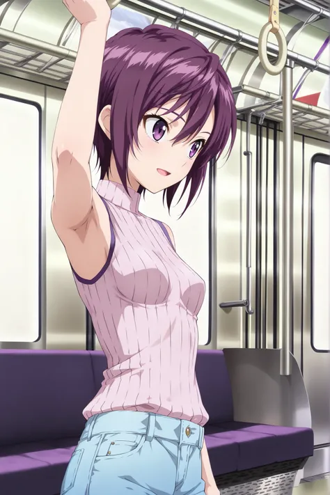 anime screencap,digital art,in the train,from behind,looking away,standing,holding hand grip,(beautiful women,slender,19 years old, purple eyes, purple short hair,small breasts,sleeveless,ribbed blouse,tanktop underwear,armpits,blue denim pants),light smil...
