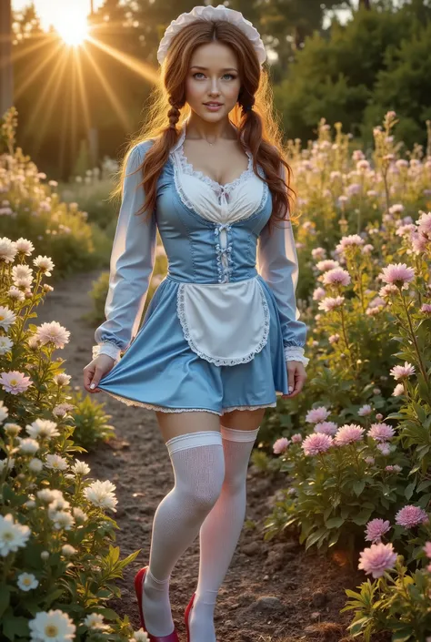 masterpiece, best quality, 1girl, cowboy shot of beautiful red girl, hands on hips, blue eyes, blue dress with white ornate frills, braid, kokoshnik headwear, in a blue and white dress and red shoes, gorgeous maid, beautiful female dorothy gale, inspired ...