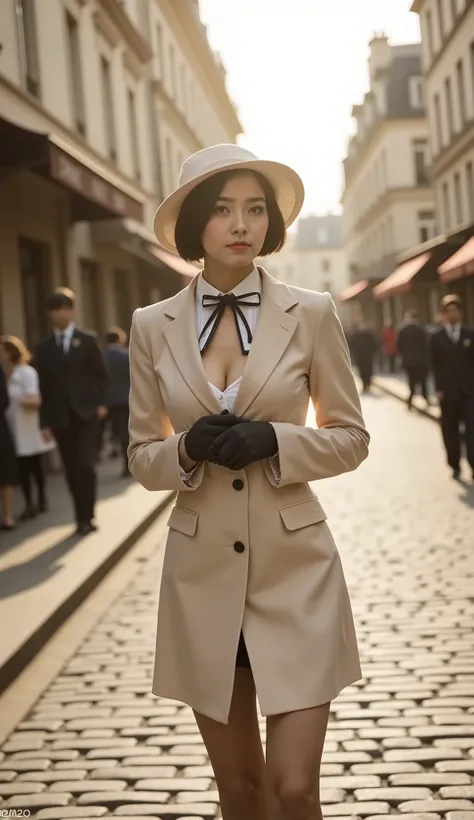 A sepia-toned photograp, depicting a well-dressed lady walking through the streets of Paris, in 1930s