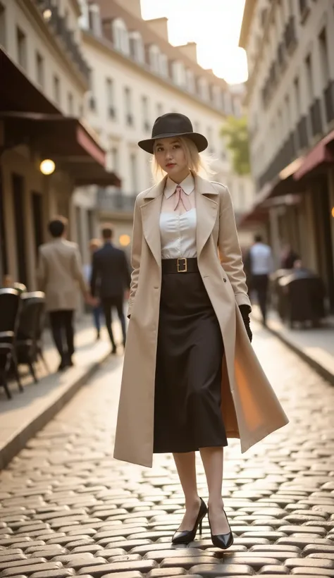 A sepia-toned photograp, depicting a well-dressed lady walking through the streets of Paris, in 1930s