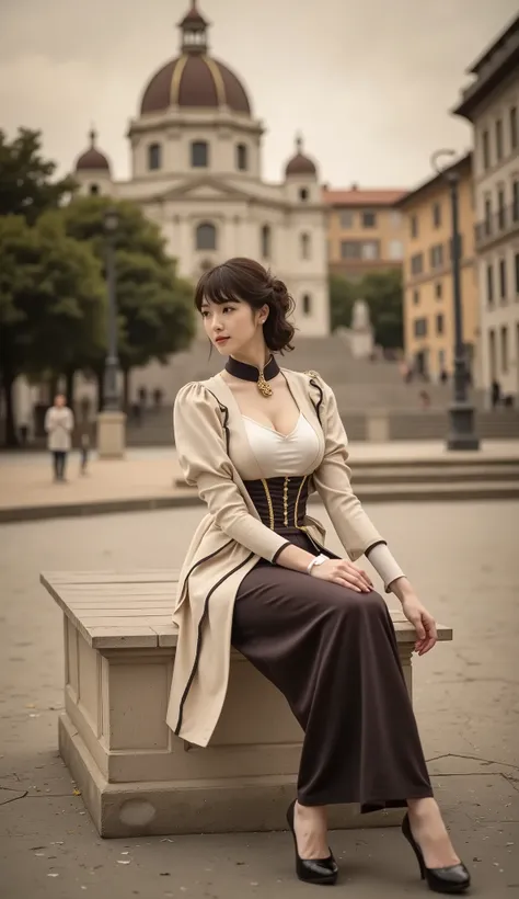 Sepia-toned photograph, movie scene, a lady sitting in Piazza di Spagna in Rome