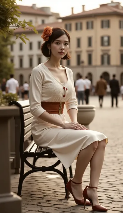Sepia-toned photograph, movie scene, a lady sitting in Piazza di Spagna in Rome