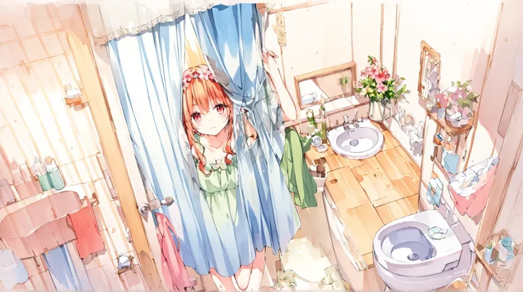 official illustration using hand drawn watercolor sketch techniques　Midsummer Laundry　flower　Half-baked　with P,flower束を君に　bathroom