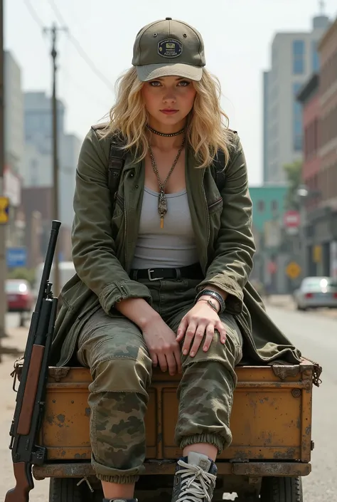 8k , A realistic photo、realistic skin texture、There is a blonde woman、and carrying luggage on the roof A small old wagon、sitting on the roof of a dirty and torn Supreme、automatic rifle leaning against a wagon、 The wagon shows signs of repair . 、motionsTs...