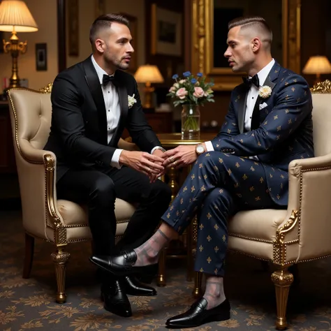flxBimboLips963 ; full-length photo, seated At the entrance to a very chic and select gym club 2 different white European handsome dapper men, both in socks and finest Shoes, finest stylish dapper short undercuts, wearing sumptuous elegant suits, precious...
