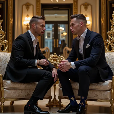 flxBimboLips963 ; full-length photo, seated At the entrance to a very chic and select gym club 2 different white European handsome dapper men, both in socks and finest Shoes, finest stylish dapper short undercuts, huge siliconed lips, wearing sumptuous el...