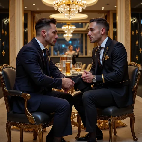 flxBimboLips963 ; full-length photo, seated At the entrance to a very chic and select gym club 2 different white European handsome dapper men, both in socks and finest Shoes, finest stylish dapper short undercuts, huge siliconed lips, wearing sumptuous el...