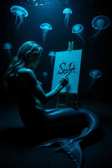 Ultra realistic portrait, in the deep sea, extremely dark surroundings. Bioluminescent jellyfish softly illuminate the scene with faint blue light. Under this gentle glow, a mermaid sits on the ocean floor, painting on a canvas set on an easel. Her long ha...