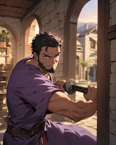 Roman clothing, purple tunic,Stone House,Greek house,interior,Simple house ,A strict man with short perm hair and a short beard, handsome ,serious expression,glare at each other,solo,Swordsmanship,Fight with a Roman soldier with a sword, inside the house,e...
