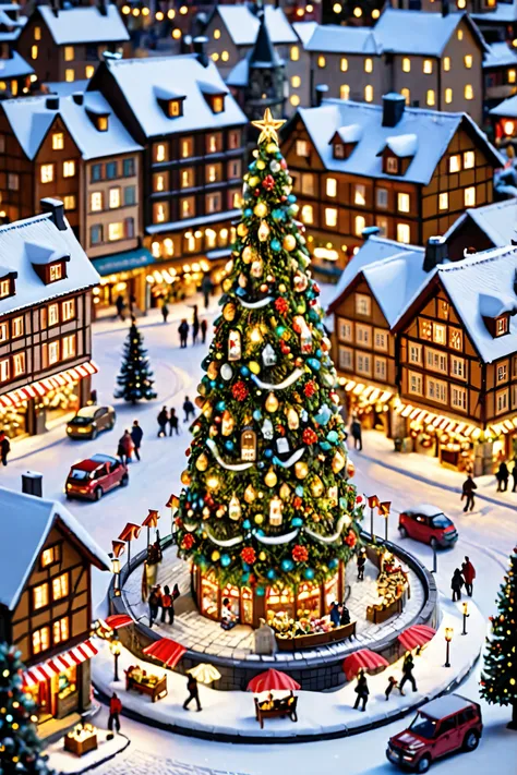 Tilt shift photo , (masterpiece, High Quality, 最High Quality), (ultra detail, absolute resolution), ((16k, high resolution)). (snowflakes slowly pouring down). snowy mountains々A city of valleys surrounded by, Home々and sparkling ornaments. decorated with go...
