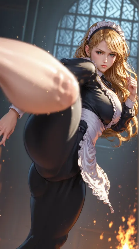 High Quality, 4K, high resolution, photo shoot, realistic, perfect work, Super Fine, is a martial artist who hits Wave Fist, beautiful woman in silya room, huge breasts, Martial arts hall background, Fire Light Effects, Powerful Composition with Movement, ...