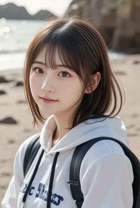 Full body (1.3), (((no hair accessories))), (((short straight bob hairstyle))), (((hoodie))), shorts, (((smiling))), (((beach with crystal clear sparkling water in the background))), fantastic light and shadow, sunset, Japanese, 18 year old girl, standing ...
