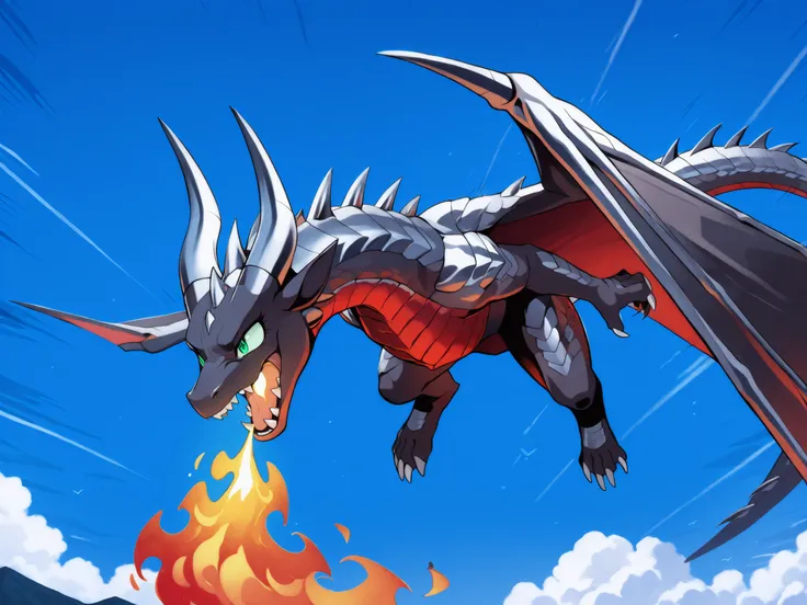 anime style, anime shading, clean lines, masterpiece, best quality, full body picture, centered, enderdragon, feral dragon, female dragon, 1girl, long horns, wings, claws, tail, green eyes, perfect eyes, (overlapping red chest scales), dark silver scales, ...