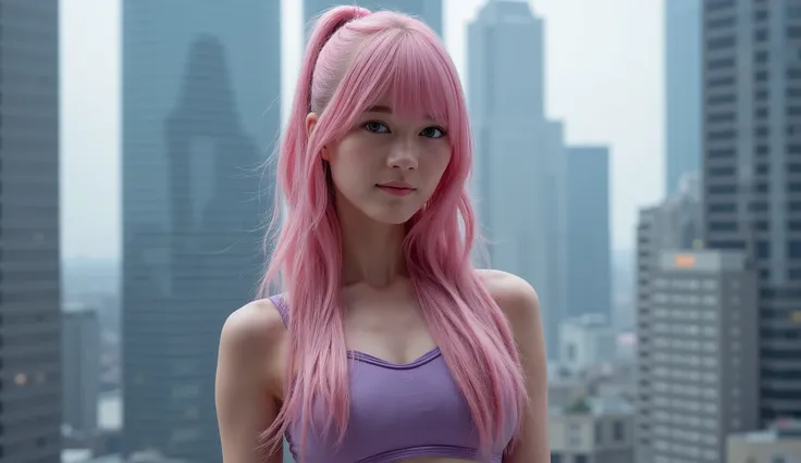 (最 High Quality, high resolution, very well detailed全身姿, ), ( long wavy pink hair ), ( ponytail 1 .2), ( light blue eyes 1 .2), (20 years old, Height 180cm , weight: 80kg), ( large round implant chest ), (Big Breasts), (bust up), ( Shiny Rubber...