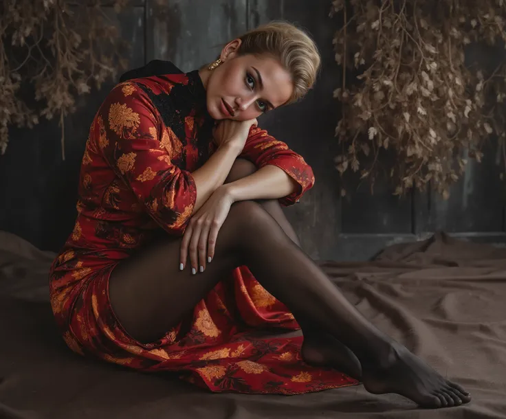 European mature female in a red sleeveless crotchless cheongsam posing for a picture, very attractive and beautiful, elegant seducing pose, beautiful sexy woman photo, sexy girl, very beautiful mature woman, sexy red red sleeveless crotchless cheongsam, go...