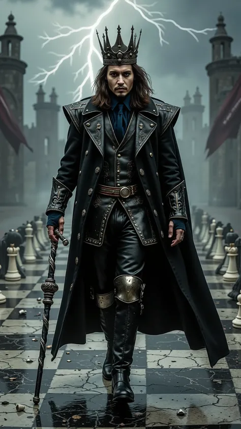 Johnny Depp reimagined as the living embodiment of the black chess bishop, walking slowly across a cracked chessboard battlefield, 1 male,
Sharp pale face framed by long dark hair, deep-set mischievous eyes with a touch of madness. He wears a gothic bish...