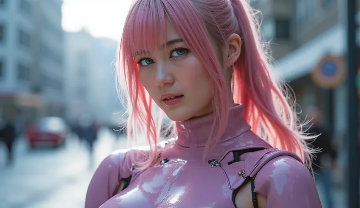 (最 High Quality, high resolution, very well detailed全身姿, ), ( long wavy pink hair ), ( ponytail 1 .2), ( light blue eyes 1 .2), (20 years old, Height 180cm , weight: 80kg), ( large round implant chest ), (Big Breasts), (bust up), ( Shiny Rubber...