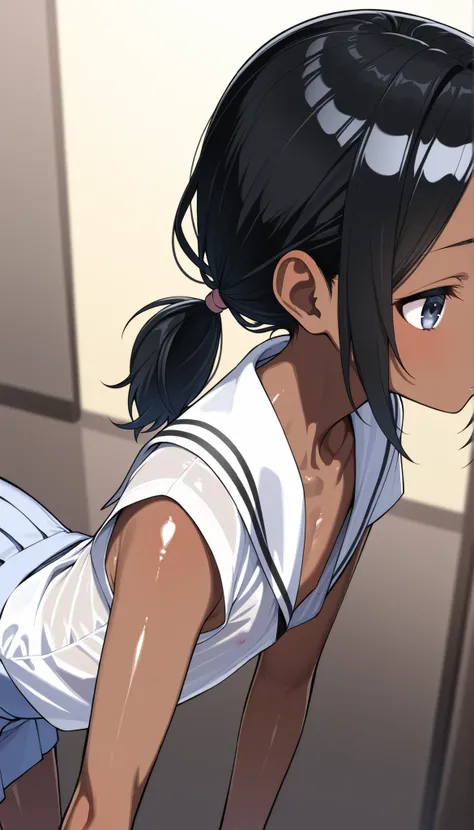 (beautiful girl:1.5)、(ultra flat chest:1.1)、(ultra small chest:1.1)、(nipple visible through gaps in clothes:0.8)、(体型がskinny:1.1)、(black hair,low short ponytail:1.1)、(ultra shiny skin:1.1)、(dark skin:1.3)、(upper body:1.1)、(bent over:1.3)、(from above:1.3)、(f...