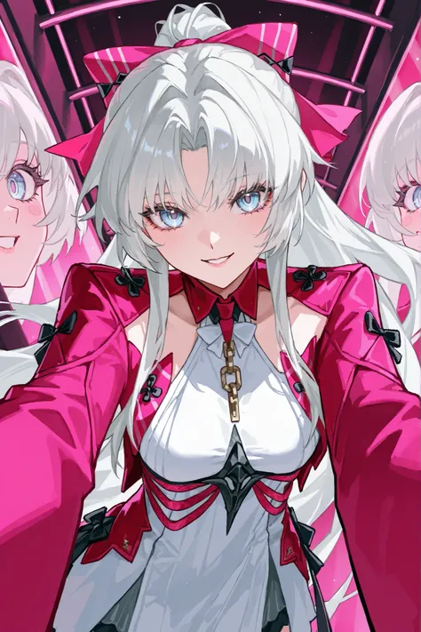 Персонаж carlotta из wuthering waves, long platinum hair in a ponytail,  chelka,  very big eyes, with her eyes , surprisingly wide patterns, blue eyes with pink , Glass retina,  pink ribbon in the form of a bow with a hair tie, clothes of the carlotta char...