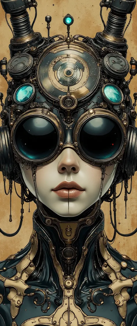 Create an ultra-detailed, high-resolution cyberpunk/steampunk image (4k, 8K) that shows a person in a combined style. The character will wear headphones and sunglasses, and his face will be drawn in detail and covered with a black mask. The style should be...