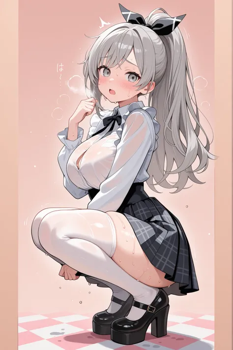 gray eyes, ((blush:1.7)), ((sweat)), ((sweating:1.3)), gray hair, hot, Open mouth, (thick thighs), (((Big breasts:1.8)))