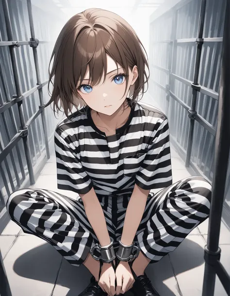 high quality,ultra high quality,best quality,ankles shackled up, metal leg shackles,handcuffs, cuffs,miyano_shiho, brown hair, blue eyes, short hair, 1girl,solo, black and white striped shirt, black and white striped prison uniform ,black and white striped...