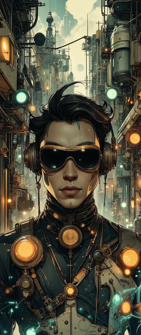 Create an ultra-detailed, high-resolution cyberpunk/steampunk image (4k, 8K) that shows a man in a combined style. The character will wear headphones and sunglasses, and his face will be drawn in detail and covered with a black mask. The style should be in...