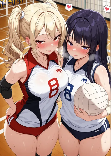masterpiece, best quality, amazing quality, perfect anatomy, 2girls, gyaru, (yuri:1.3), hugging each other, (holding ball:1.4),(seductive pose:1.4), (sexy pose:1.4), thick thighs, Collared volleyball uniforms, sleeveless, (buruma:1.4), volleyball knee pads...