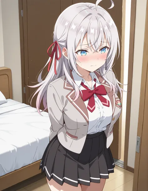 masterpiece, best quality, highly detailed, ultra high res, 1girl, alisa mikhailovna kujou, long hair, bangs, blue eyes, opened eyes, hair ribbon, ahoge, grey hair, red ribbon, medium breasts, skirt, shirt, long sleeves, bow, school uniform, opened jacket,...