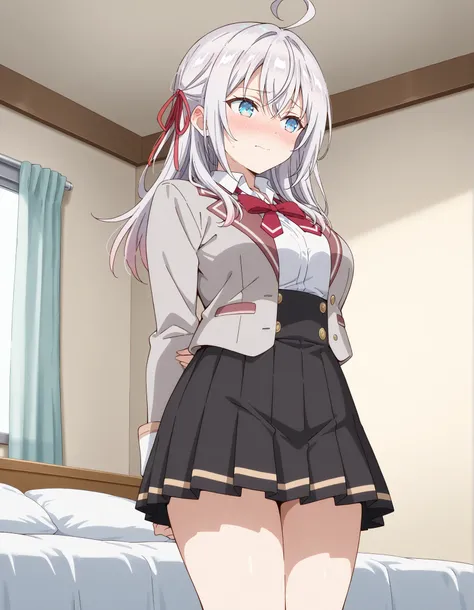 masterpiece, best quality, highly detailed, ultra high res, 1girl, alisa mikhailovna kujou, long hair, bangs, blue eyes, opened eyes, hair ribbon, ahoge, grey hair, red ribbon, medium breasts, skirt, shirt, long sleeves, bow, school uniform, opened jacket,...