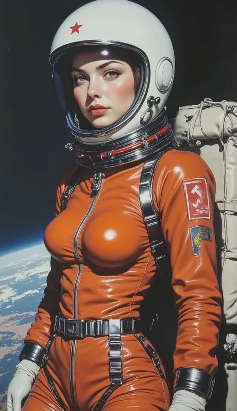 (((Realistically accurate depictions with all detailed details、最高masterpiece、Show the light of history)))、((Pretty Little Astronaut、 Greatest Beauties 、pretty face、  beautiful green eyes、Thick lips 1.7))、(((1960年代後半の sauer のプロパガンダポスター、CCCP poster , poster ...
