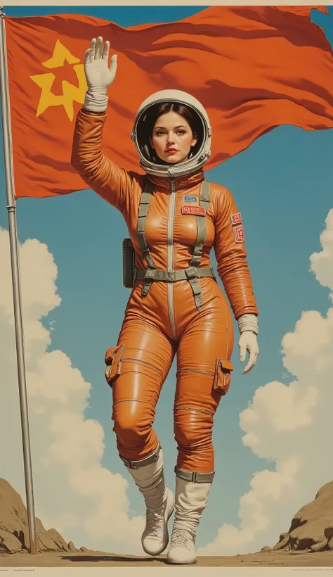 (((Realistically accurate depictions with all detailed details、最高masterpiece、Show the light of history)))、((Pretty Little Astronaut、 Greatest Beauties 、pretty face、  beautiful green eyes、Thick lips 1.7))、(((1960年代後半の sauer のプロパガンダポスター、CCCP poster , poster ...