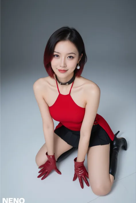 Photorealistic image, full-length, full-body of a beautiful Japanese woman in her late 20s to early 30s, combining youthful sharpness with a mature allure, with a cool, closed-mouth smirk and slightly upturned almond-shaped eyes gazing directly at the view...
