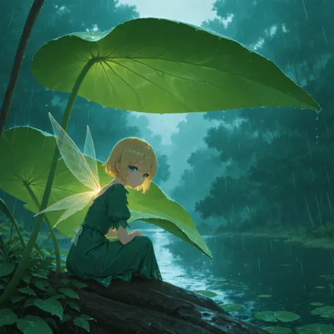 masterpiece, best quality, good quality, PEAnimeBG, Background, anime, scenery, safe, 1girl, solo, blonde hair, short hair, leaf umbrella, (minigirl, fairy wings), green dress, rain, sitting, lake, looking at viewer (close-up:1.2), from side