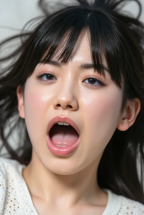 table top to pinch, ( she's lying on her back:1.5), ( best quality,  masterpiece:1.2),  very well detailed ,  high resolution,       8k Wallpaper,  Perfect Dynamic Composition, attention to detail , Summer Trends Fashion, open your mouth,  she is squinting...