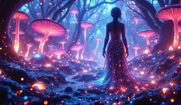 Cyberpunk Snow White on an alien planet, glowing forest of giant bioluminescent mushrooms, futuristic armor with soft touches of elegance, 7 BB8 droids surrounding her like loyal guardians, vibrant neon lights, misty air, cinematic lighting, sci-fi fantasy...