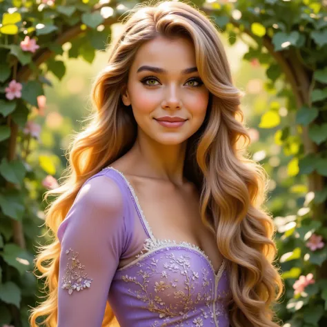 Flower Princess, Rapunzel, Beautiful, Glowing yellow glow, Long blonde hair, Green eyes, Lilac flower dress, Green ivy, Nice face, Soft tan skin,Ultra-detailed and intricate Gothic art trends in Artstation ternary colors, Fantastical, intricately details, ...