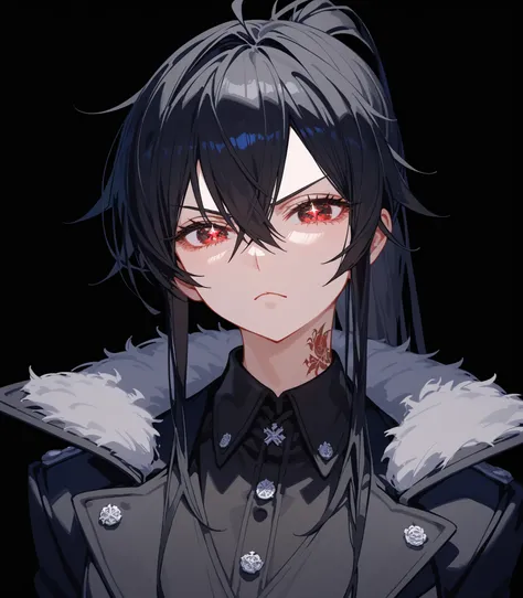 girl,ผมสีดำ, Black hair,in red eyes,black sparkly eyes,black winter dress,Black Shirt,big-breasted dress,Black Coat, Tomboy,slim,good figure,long hair, ponytail,serious page,X,xBlack,black background,,Anime,upper body shape,รอยสักXที่คอ,Pointed eyes ,Fierc...