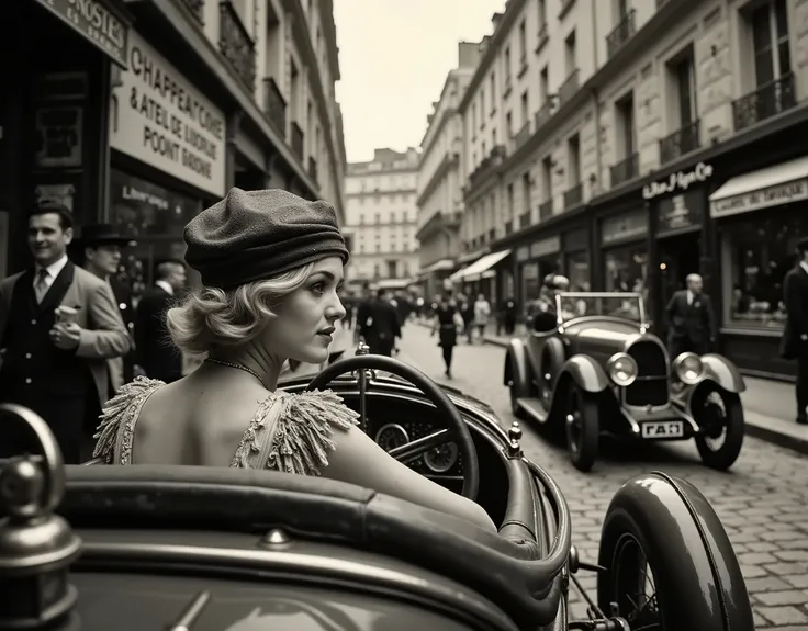 Close-up shot. A young woman, blonde and wearing a 1920s-style hat with a veil, sits at the wheel of a Bugatti Type 35, the camera pans her face through the windshield, captured in a retro black-and-white style. In the background is a narrow cobbled street...