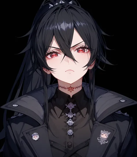 girl,ผมสีดำ, Black hair,in red eyes,black sparkly eyes,black winter dress,Black Shirt,big-breasted dress,Black Coat, Tomboy,slim,good figure,long hair, ponytail,serious page,X,xBlack,black background,,Anime,upper body shape,รอยสักXที่คอ,Pointed eyes ,Fierc...